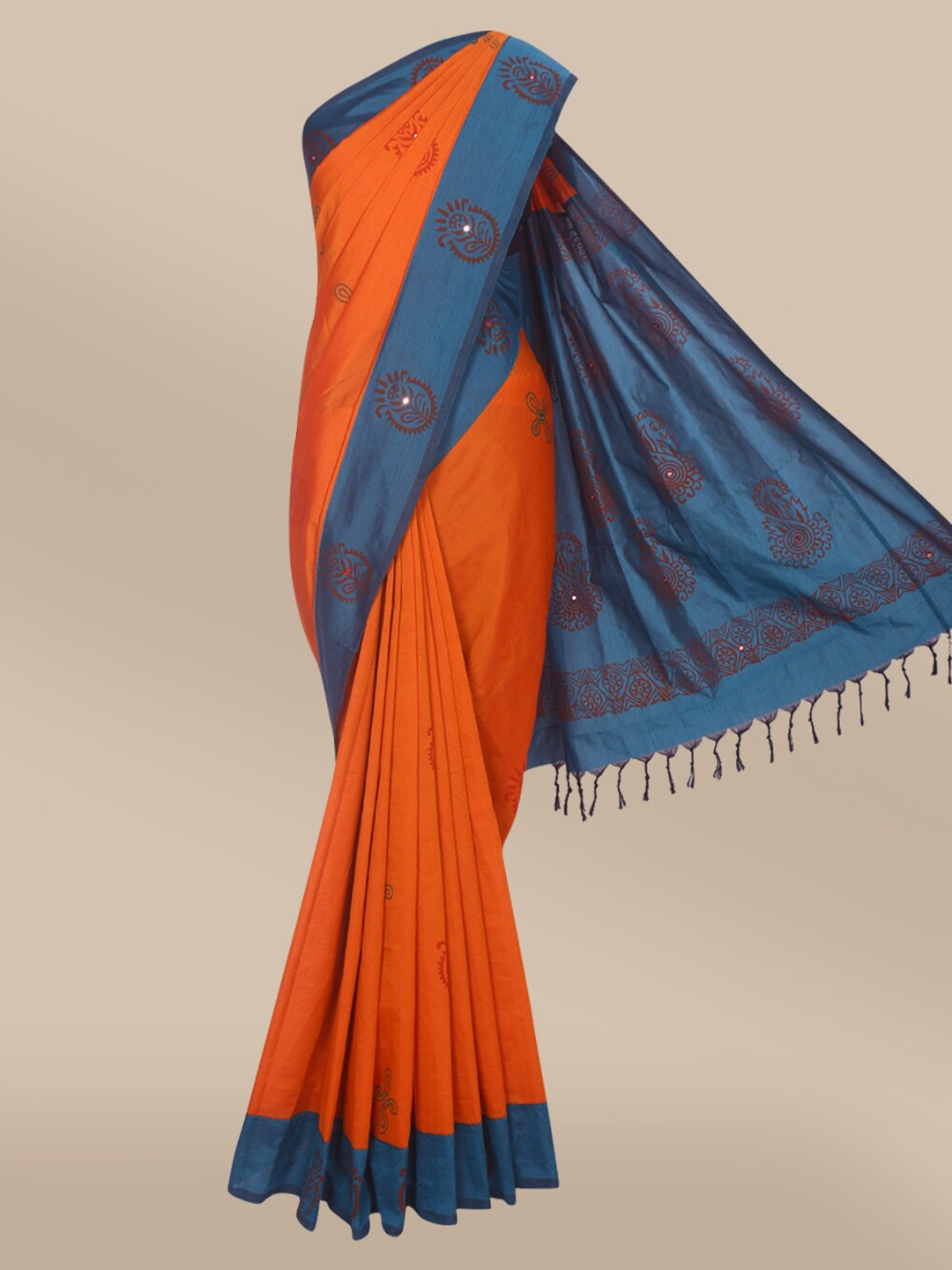 

The Chennai Silks Orange & Blue Ethnic Motifs Mirror Work Saree