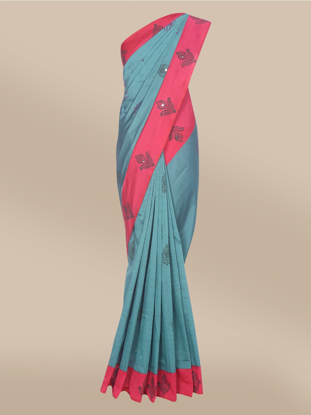 

The Chennai Silks Sea Green & Pink Floral Mirror Work Fusion Saree