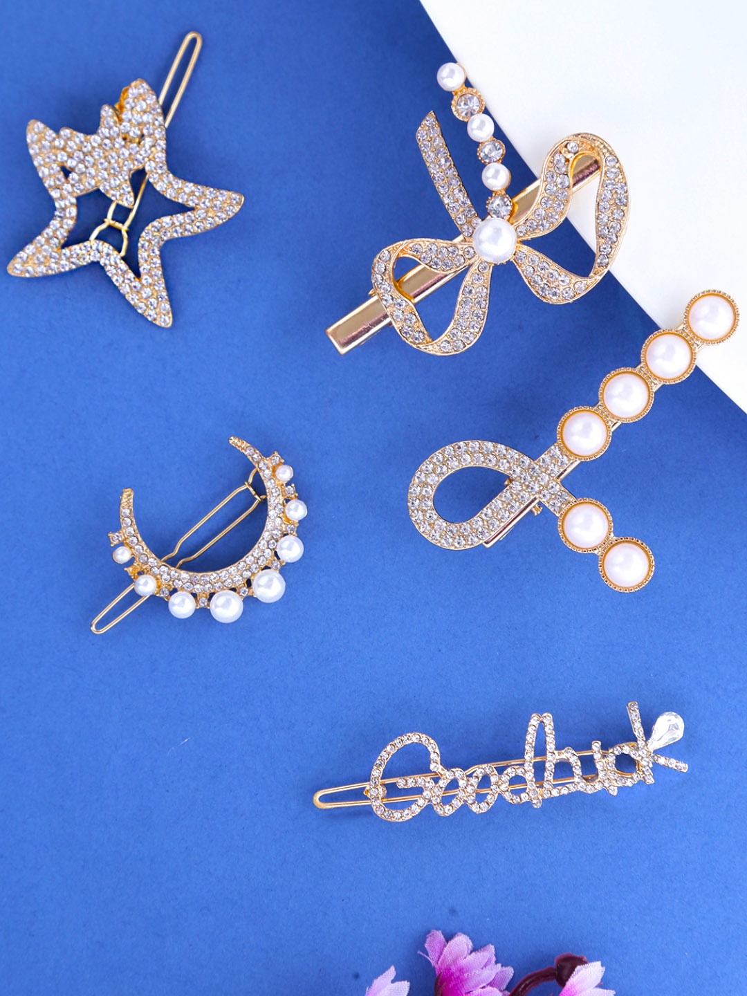 

Yellow Chimes Women Set of 5 Gold-Toned & White Embellished Hair Clips