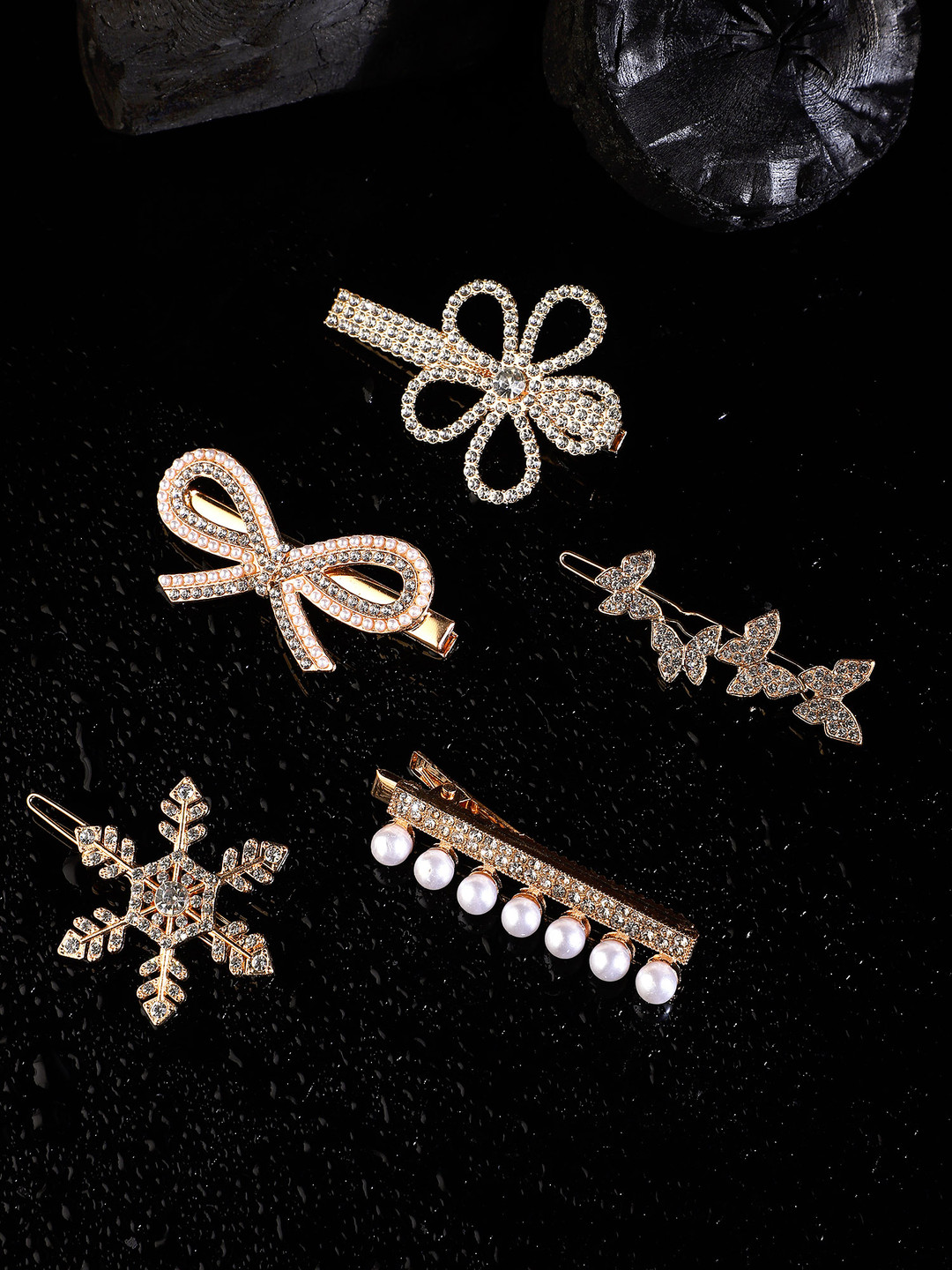 

Yellow Chimes Women Set Of 5 Rose Gold & White Embellished Alligator Hair Clip