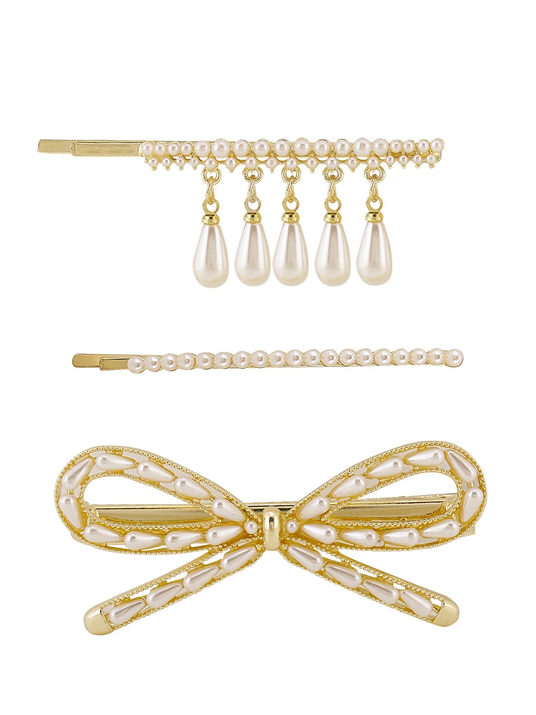 

Yellow Chimes Women Set of 3 White & Gold-Toned Embellished Bobby Pins
