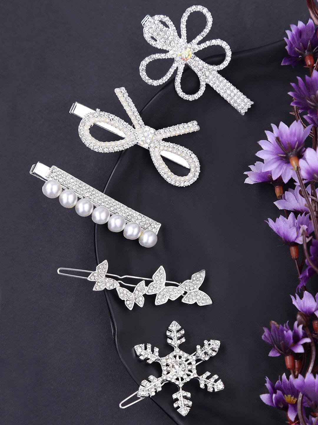 

Yellow Chimes Women Silver-Toned & White Set of 5 Embellished Bobby Pins
