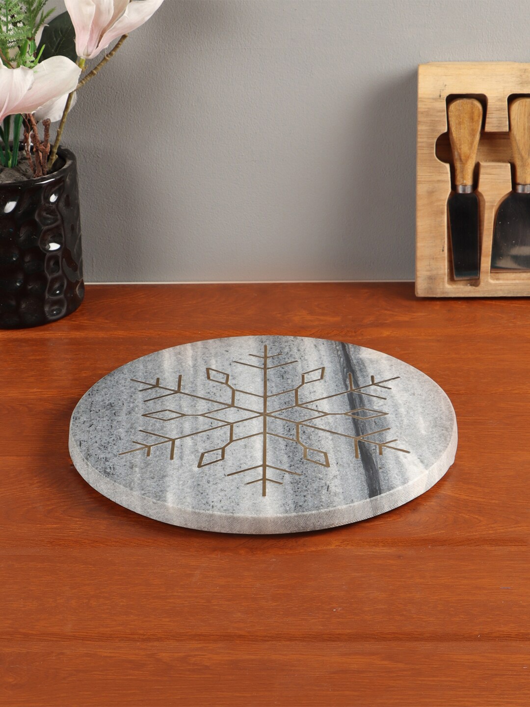 

NikkisPride Grey & Gold Marble Brass Snow Flake Inlay Work Round Platter