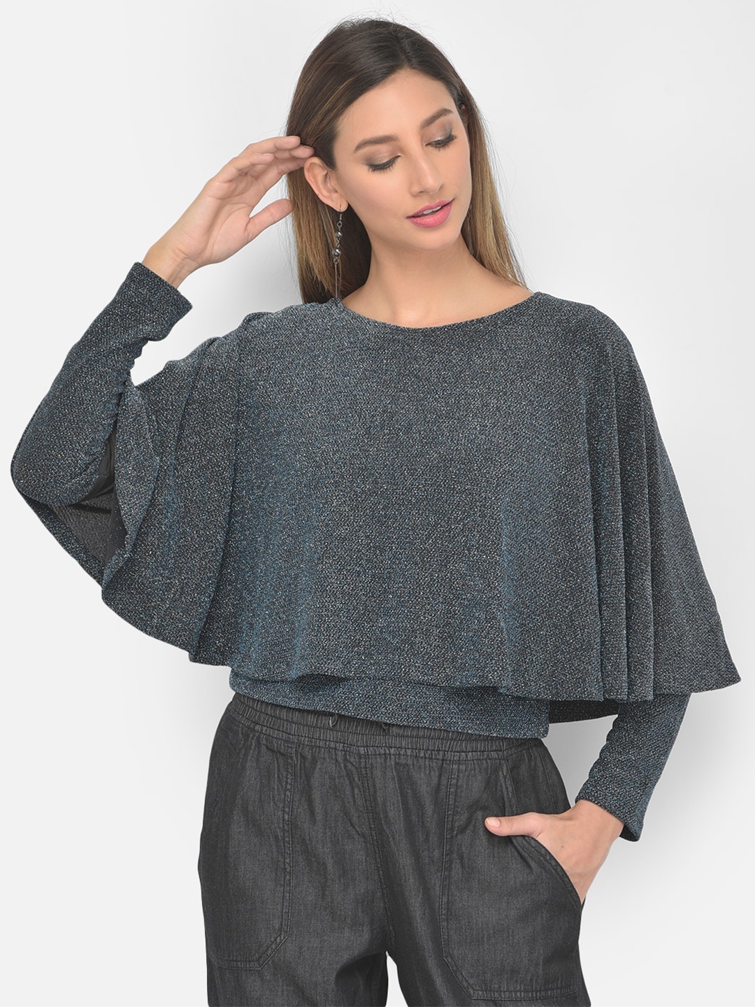 

Latin Quarters Black Shimmer Cropped Cape Top