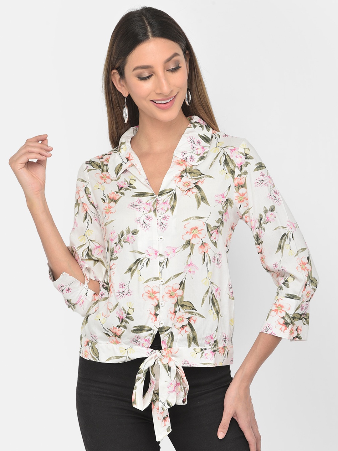 

Latin Quarters Peach-Coloured Floral Printed Shirt Style Top