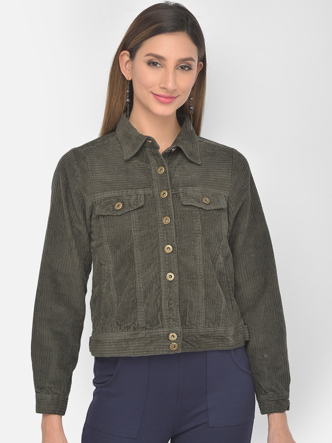 

Latin Quarters Women Green Striped Lightweight Crop Corduroy Jacket