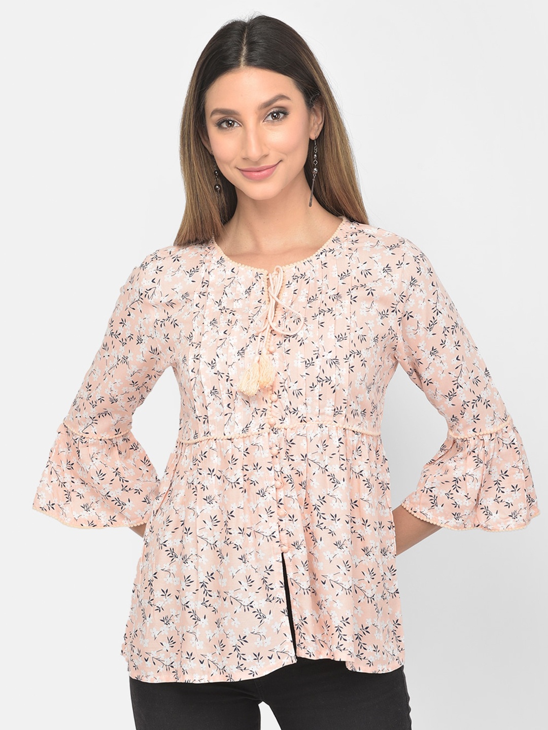 

Latin Quarters Peach-Coloured Floral Printed Tie-Up Neck Empire Top