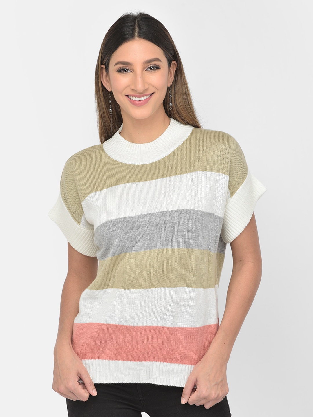 

Latin Quarters Women Peach-Coloured & White Colourblocked Pullover