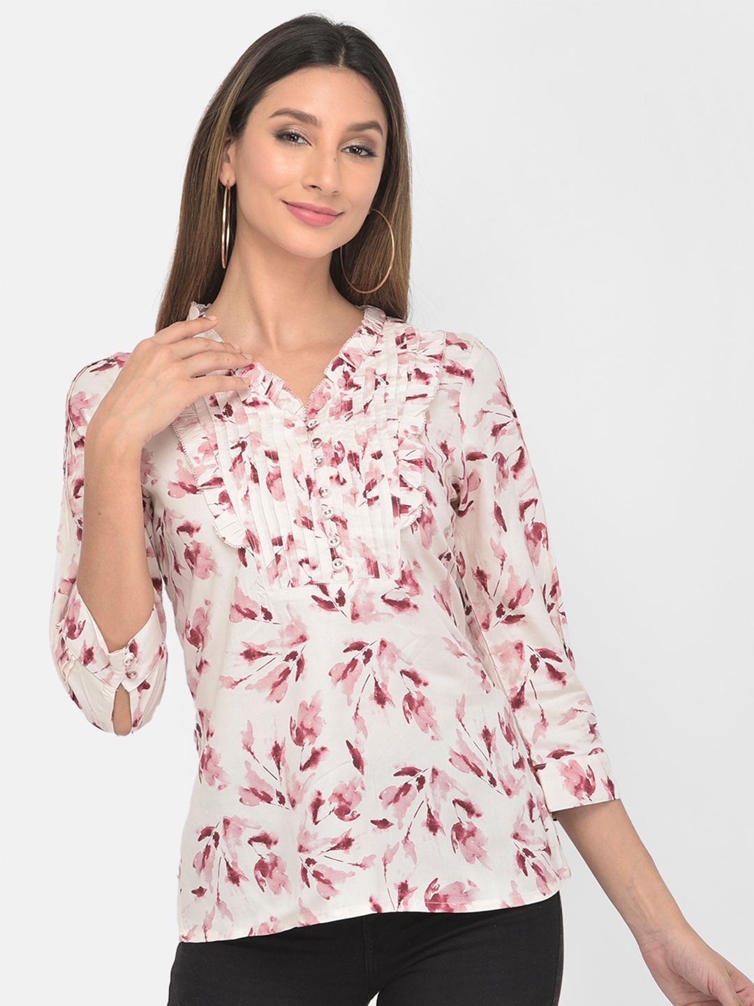 

Latin Quarters Maroon & White Floral Printed Mandarin Collar Regular Top