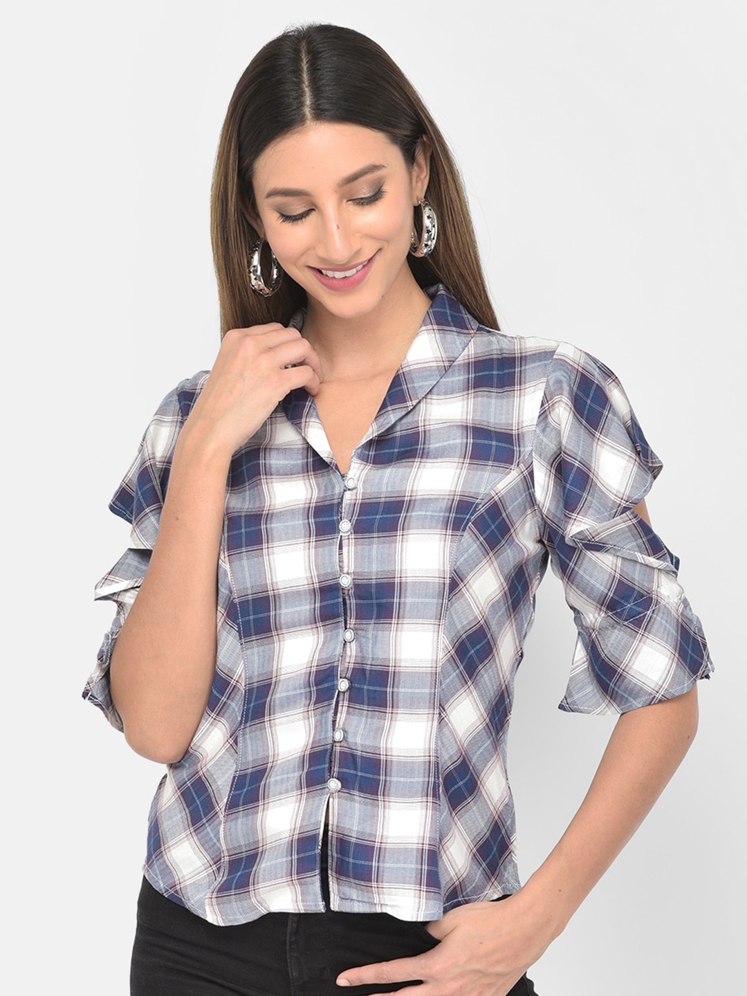 

Latin Quarters Blue & White Checked Shirt Style Top with Cut-Out