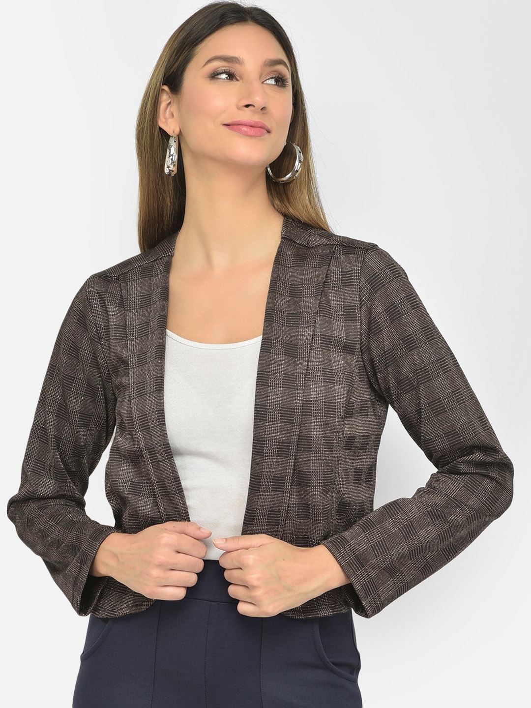 

Latin Quarters Women Brown Checked Lightweight Crop Open Front Jacket
