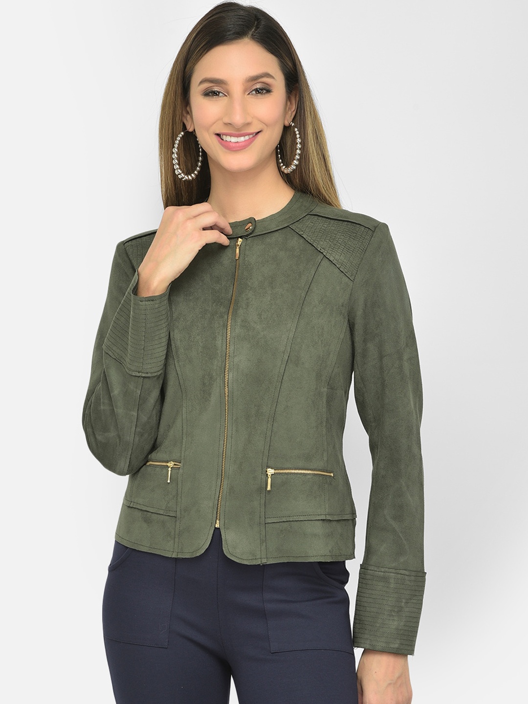 

Latin Quarters Women Green Lightweight Suede Crop Bomber Jacket