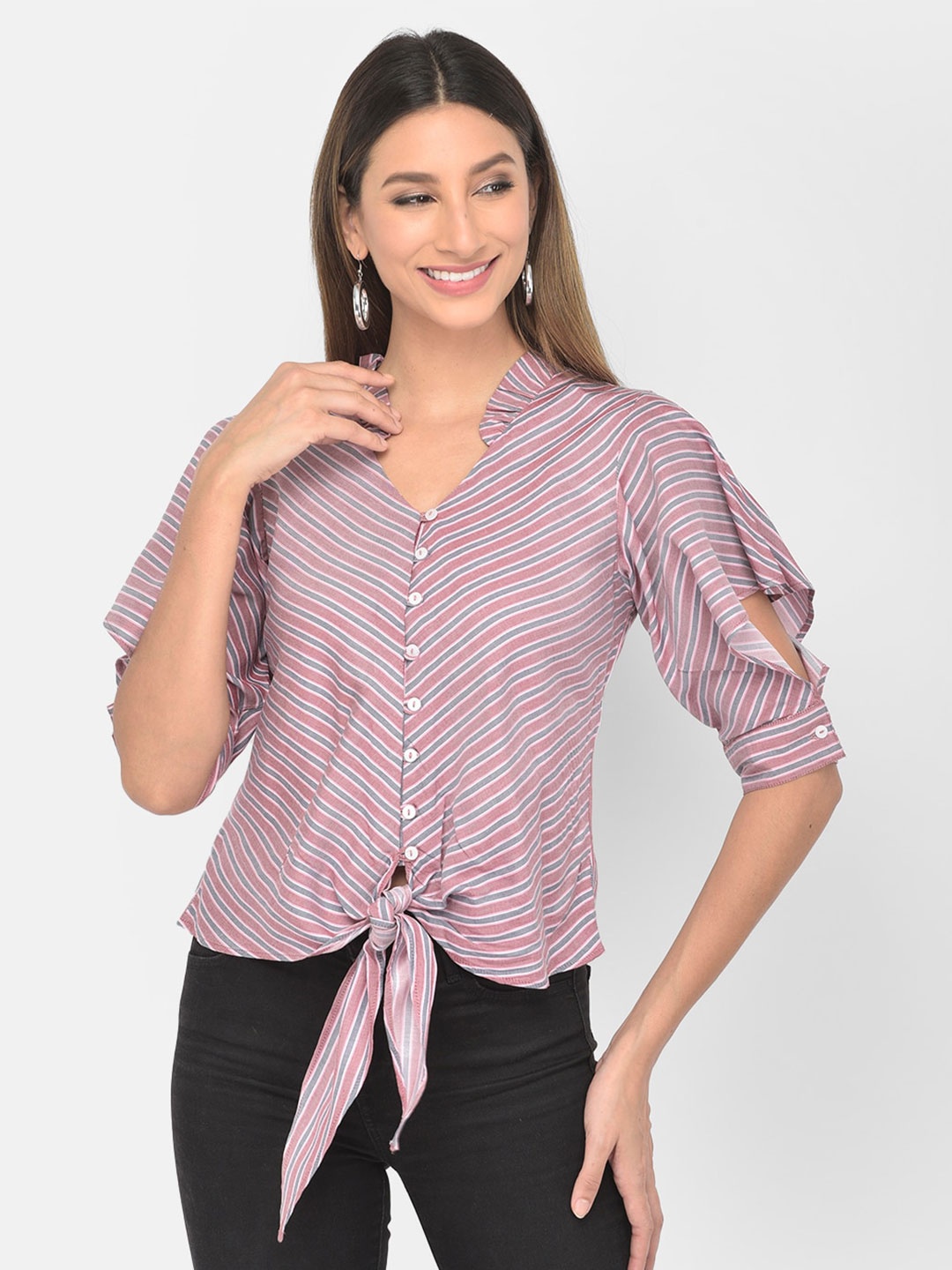 

Latin Quarters Red & Grey Striped Mandarin Collar Shirt Style Top