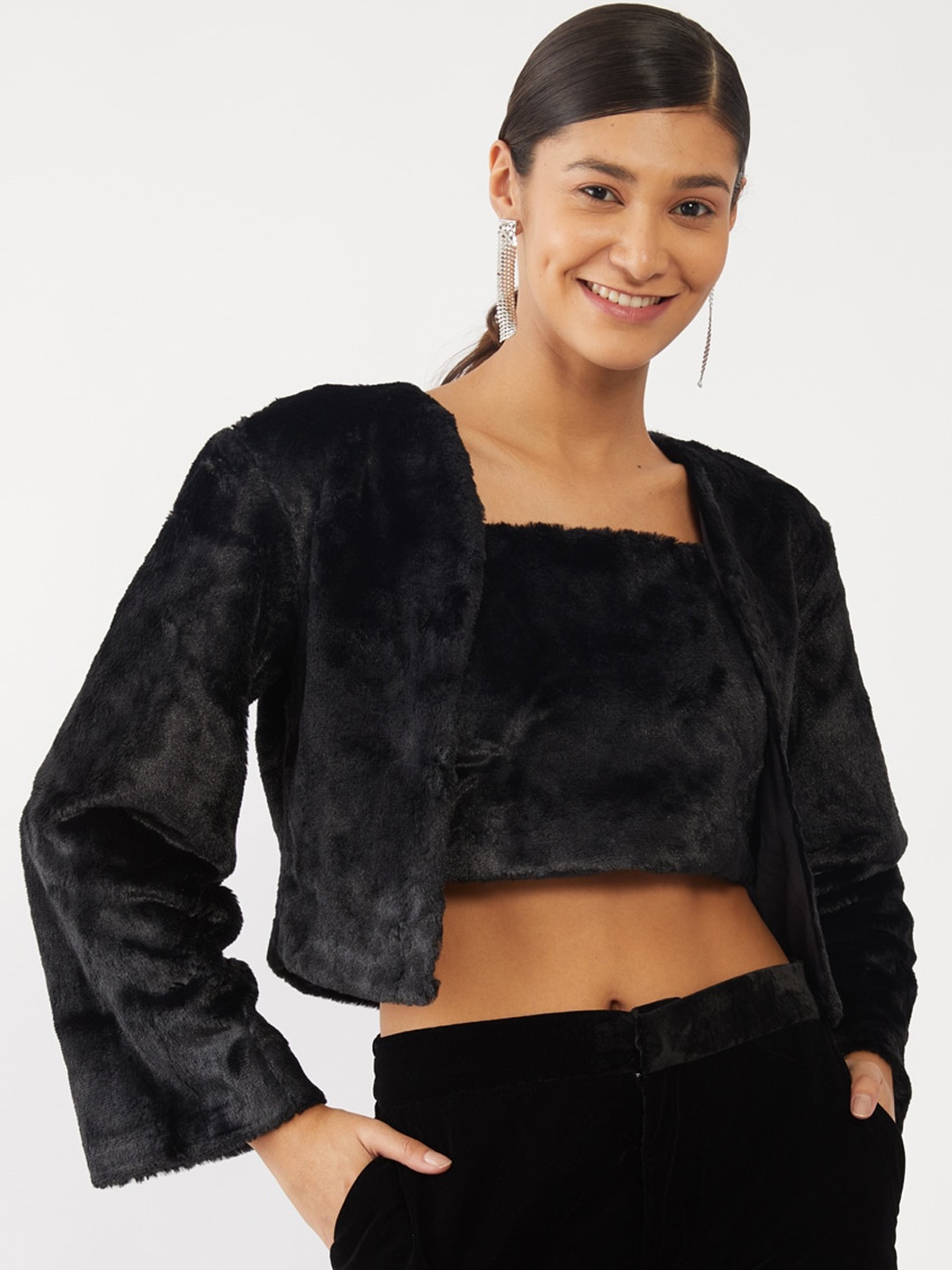 Zink London Women Black Solid Crop Tailored Jacket