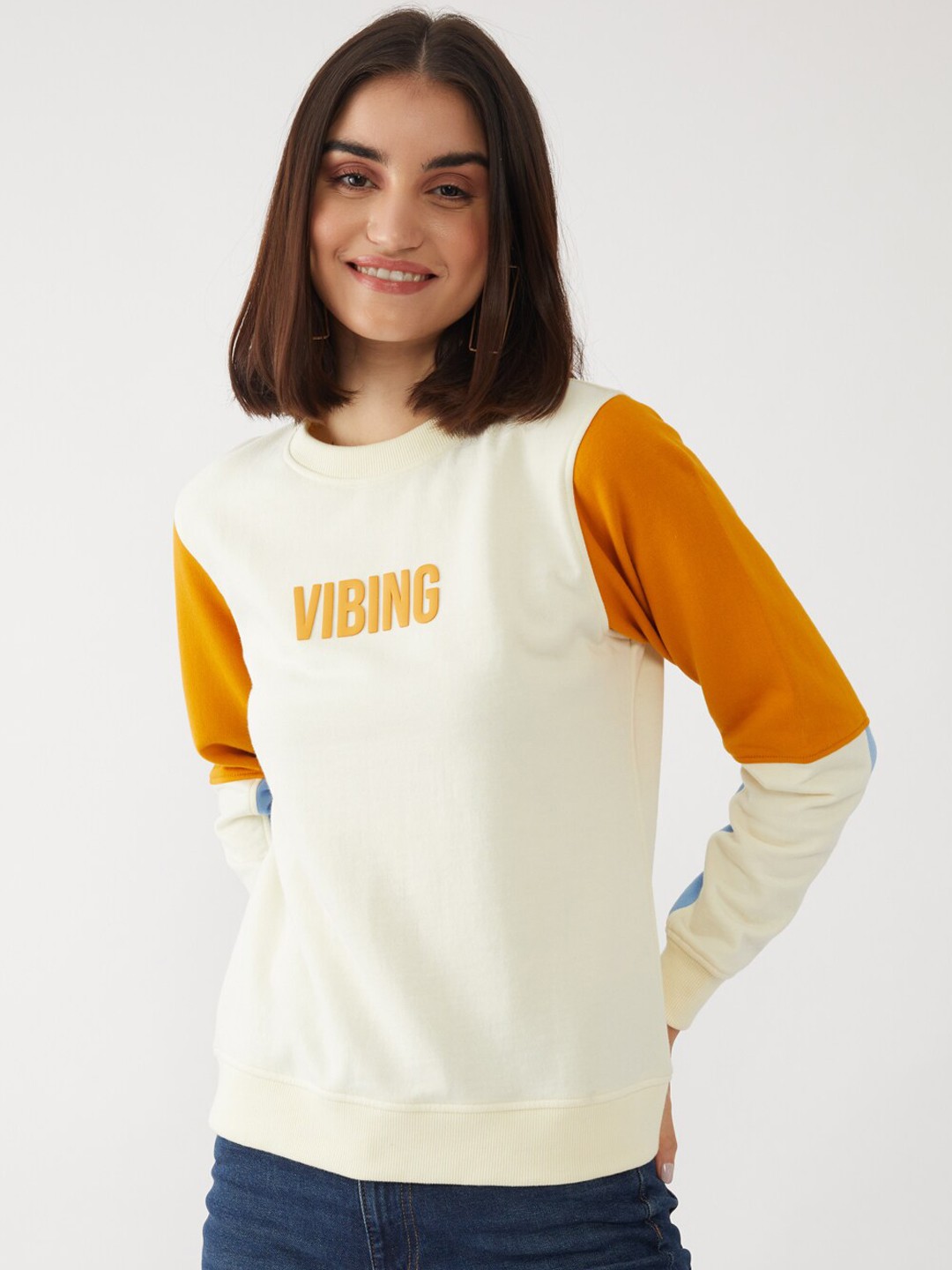 

Zink London Women White & Orange Colourblocked Applique Sweatshirt