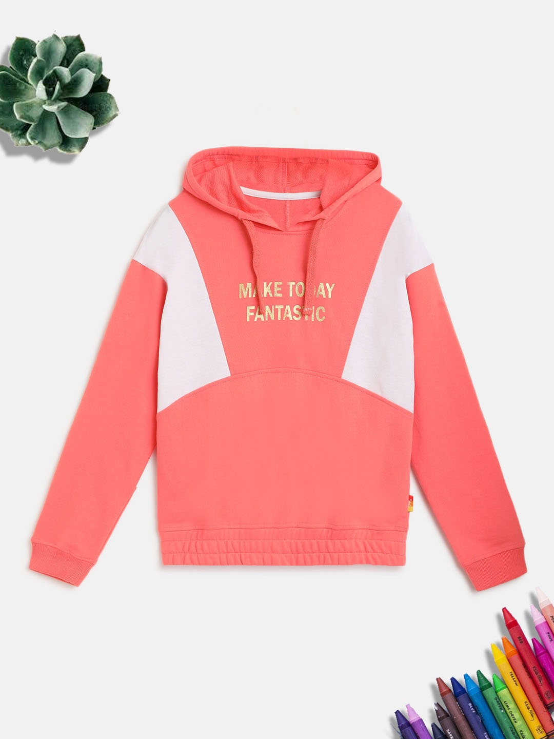 

Lil Tomatoes Girls Coral Pink & White Printed Hooded Sweatshirt