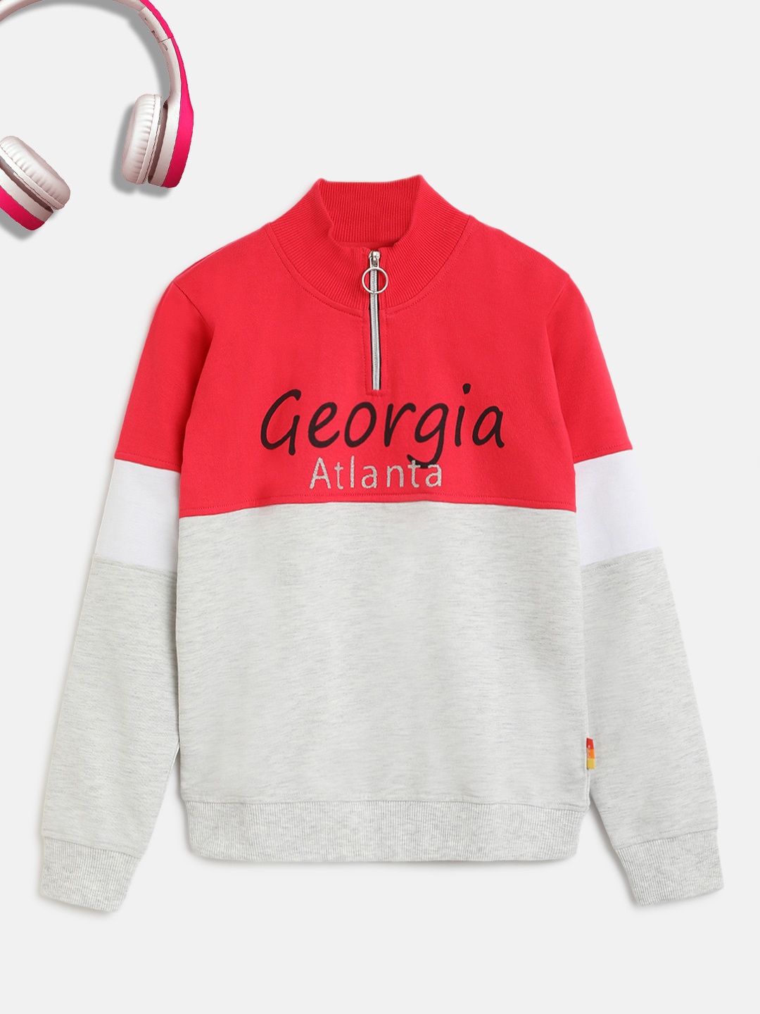 

Lil Tomatoes Girls Grey Melange & Red Cotton Colourblocked Sweatshirt