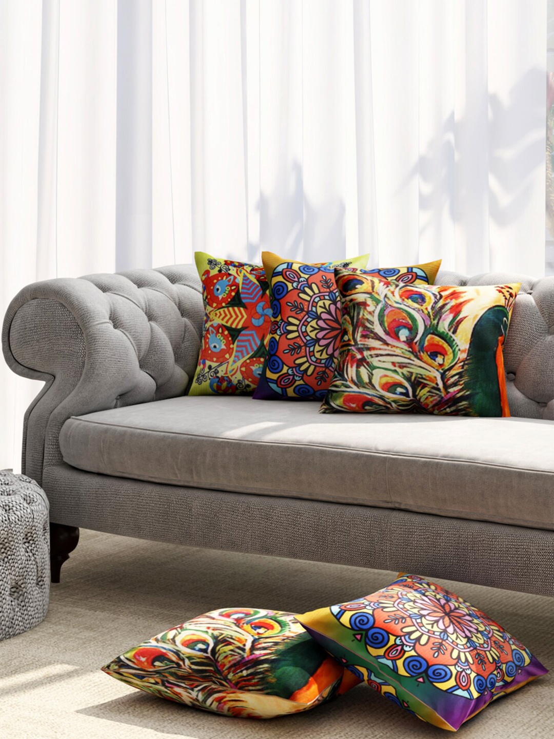 

TAG 7 Set of 5 Yellow & Green Ethnic Motifs Square Cushion Covers
