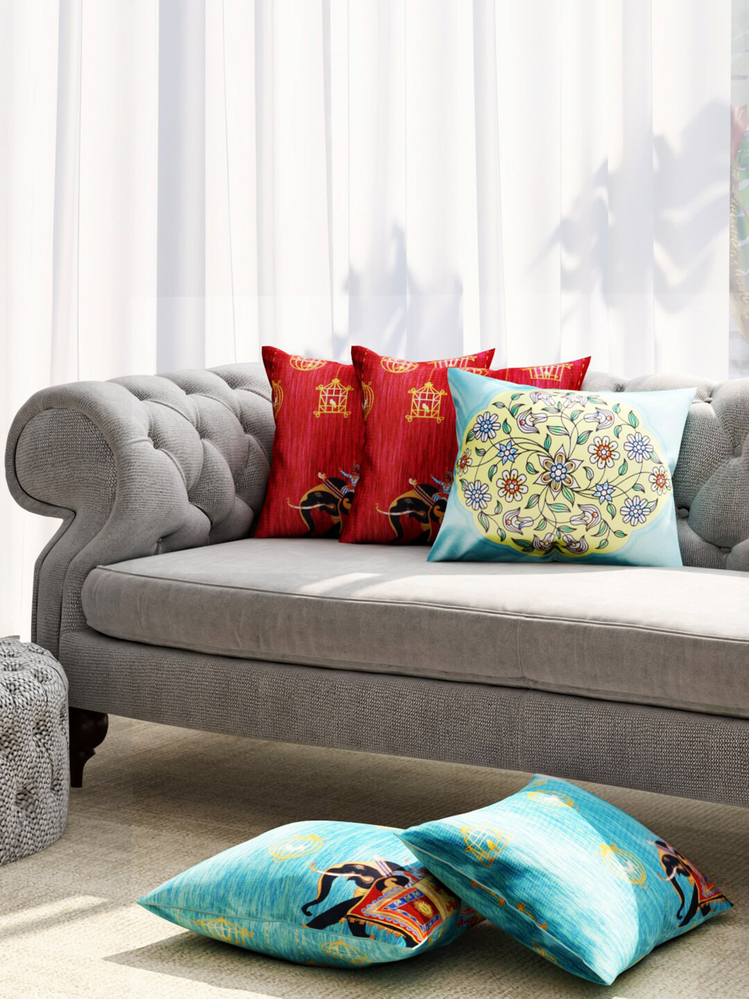 

TAG 7 Blue & Yellow Set of 5 Ethnic Motifs Square Cushion Covers
