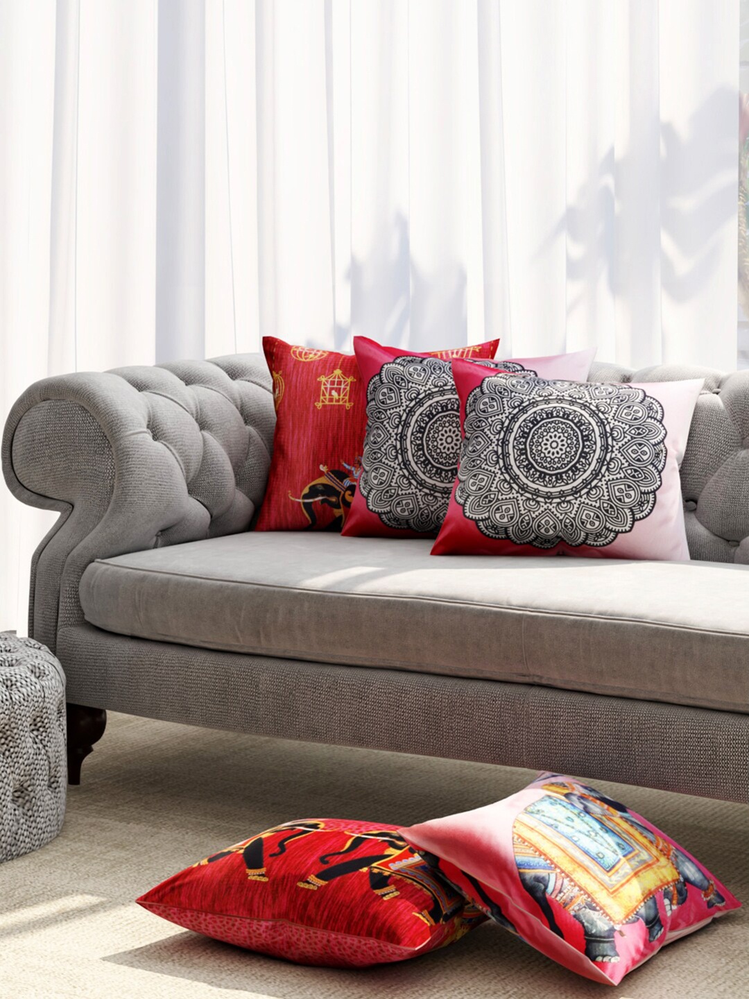 

TAG 7 Red & Black 5 Pieces Ethnic Motifs Square Cushion Covers