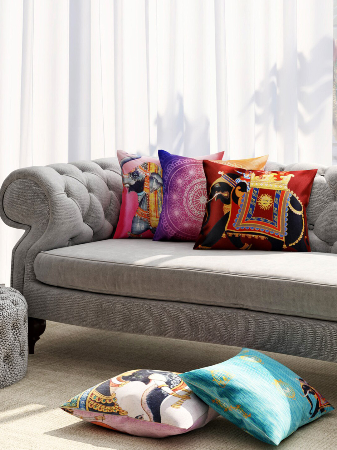 

TAG 7 Red 5 Pieces Ethnic Motifs Square Cushion Covers, Multi