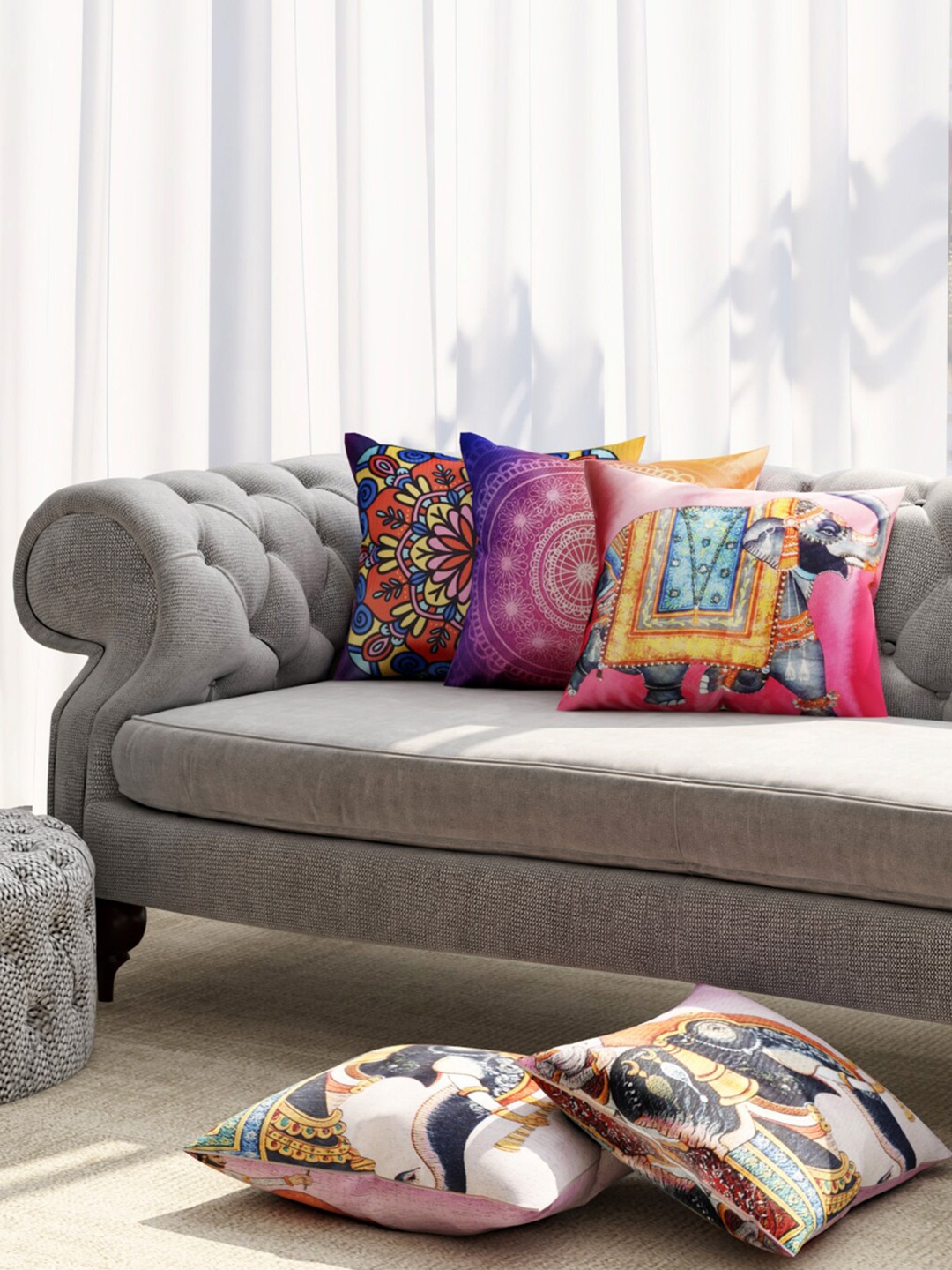 

TAG 7 Pink & Orange 5 Pieces Ethnic Motifs Square Cushion Covers