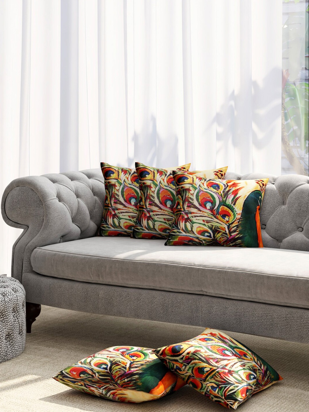 

TAG 7 Orange & Green Set of 5 Ethnic Motifs Square Cushion Covers