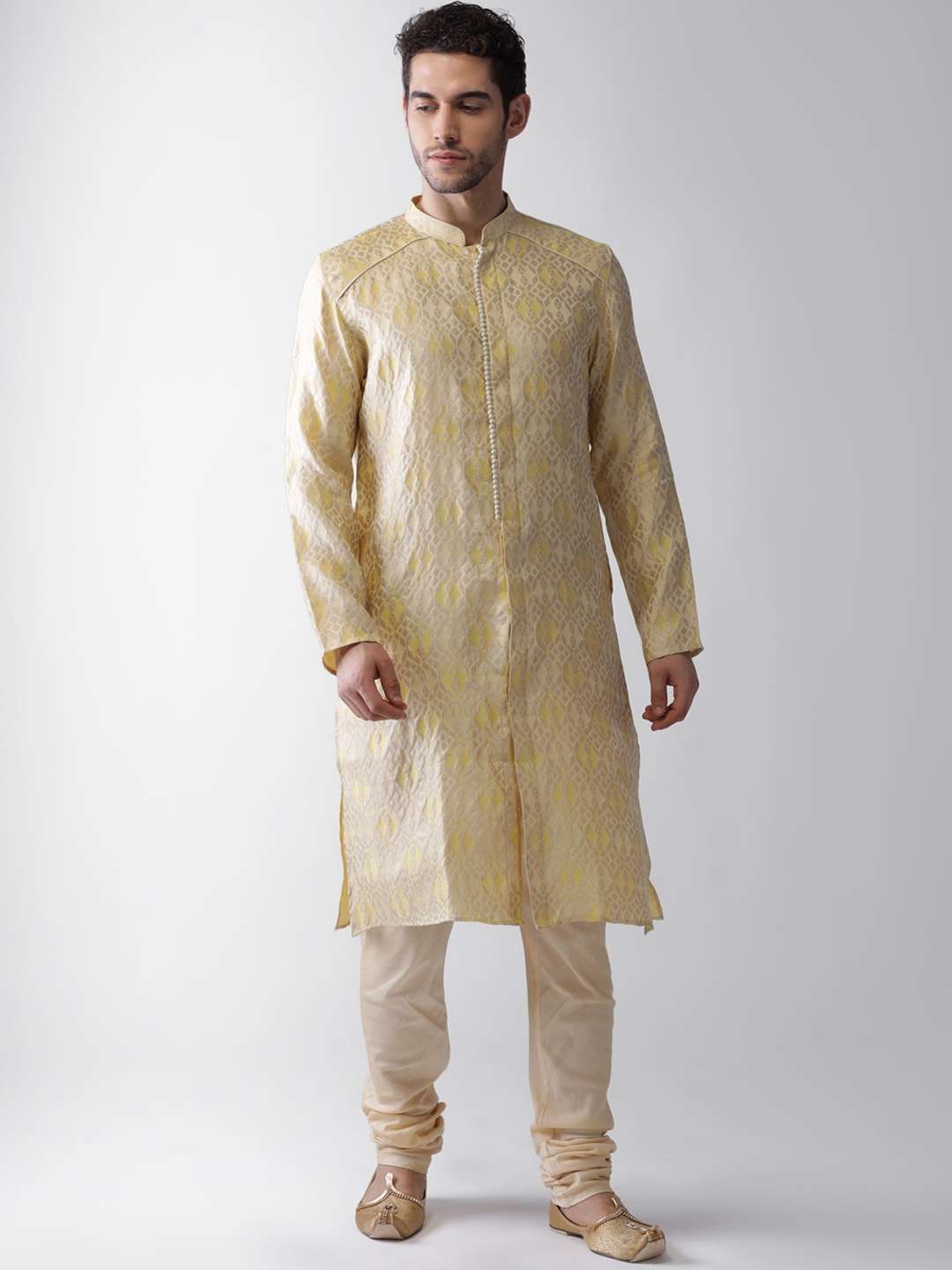 

Vartah Men Yellow Woven Design Regular Kurta with Churidar