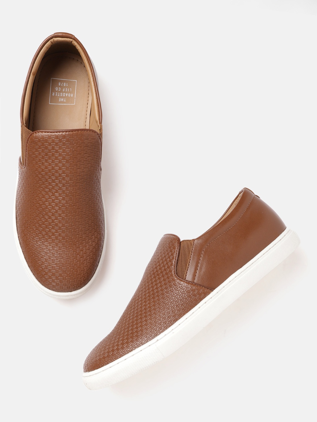 

The Roadster Lifestyle Co Men Tan Brown Basketweave Textured Slip-On Sneakers