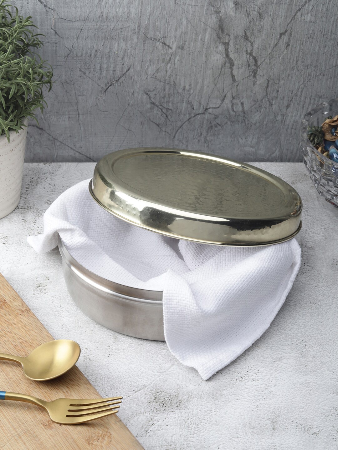 

VarEesha Steel Chapati Box with Hammered Gold Lid