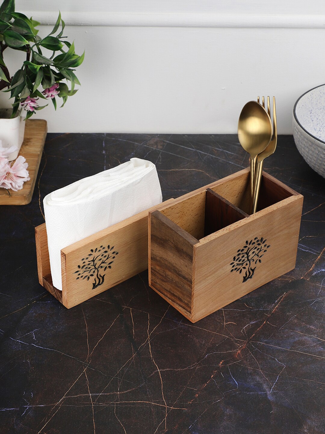 

VarEesha Set Of 2 Brown Wood Cutlery and Napkin Holder