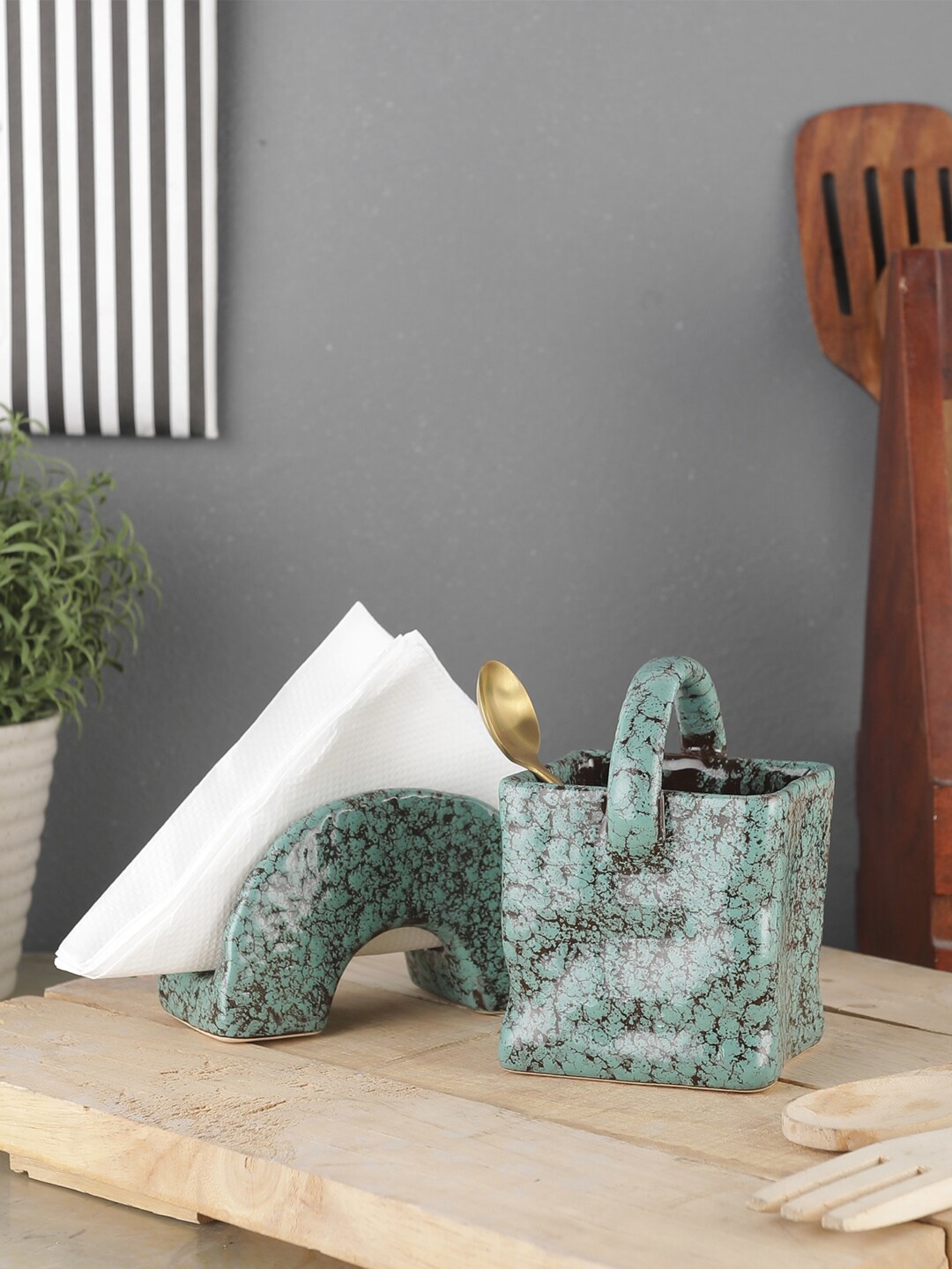 

VarEesha Set of 2 Green Ceramic Handpainted Cutlery and Napkin Holder