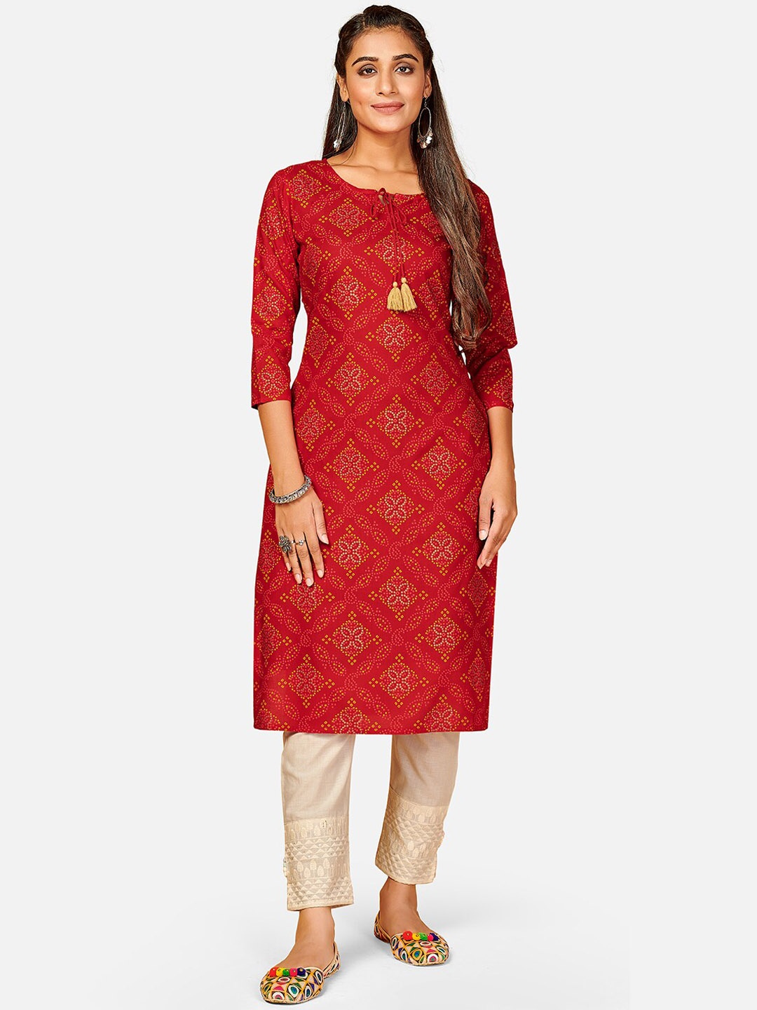 

Vbuyz Women Red Bandhani Printed Cotton Kurta