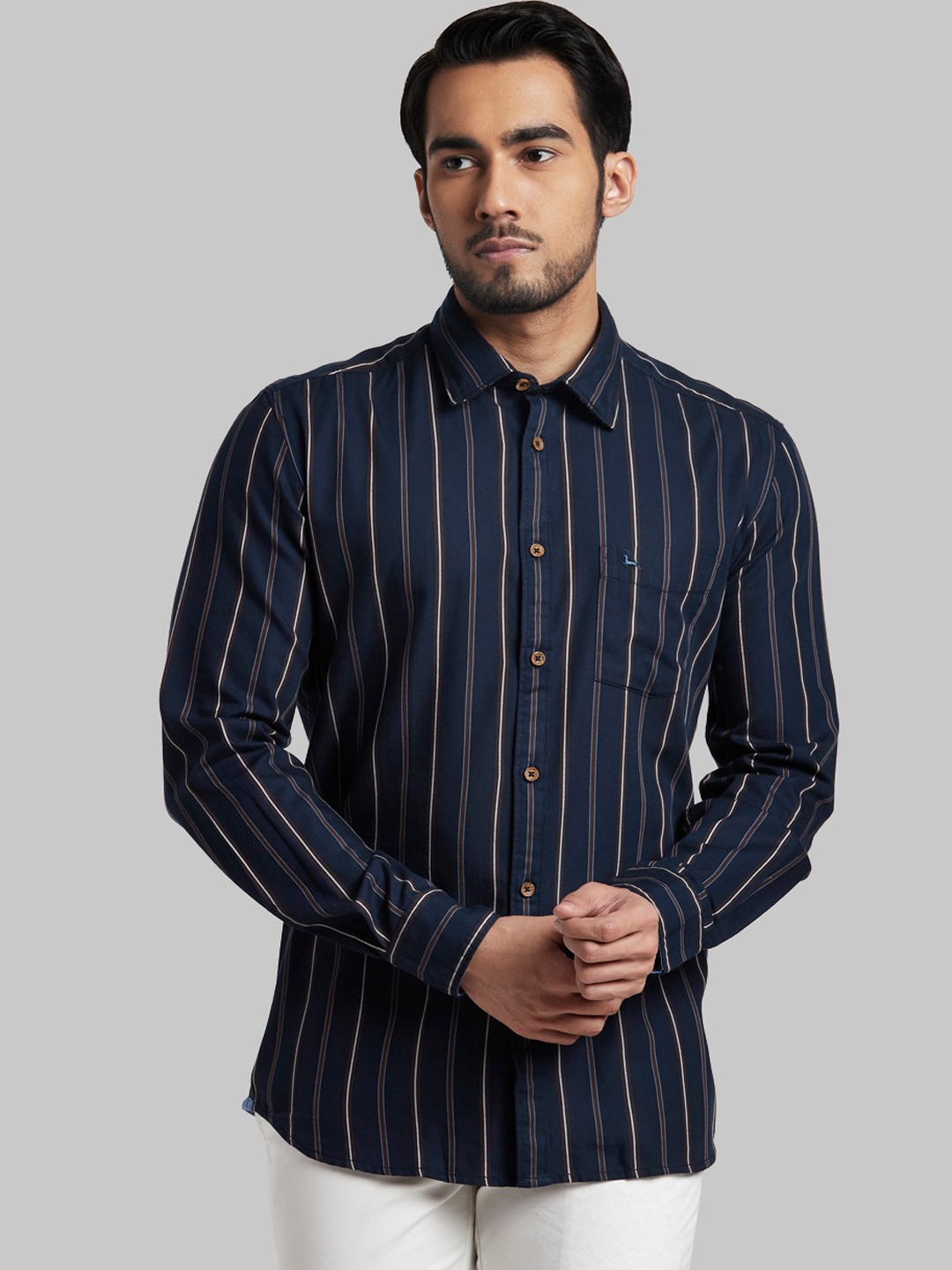 

Parx Men Blue Slim Fit Opaque Striped Casual Shirt