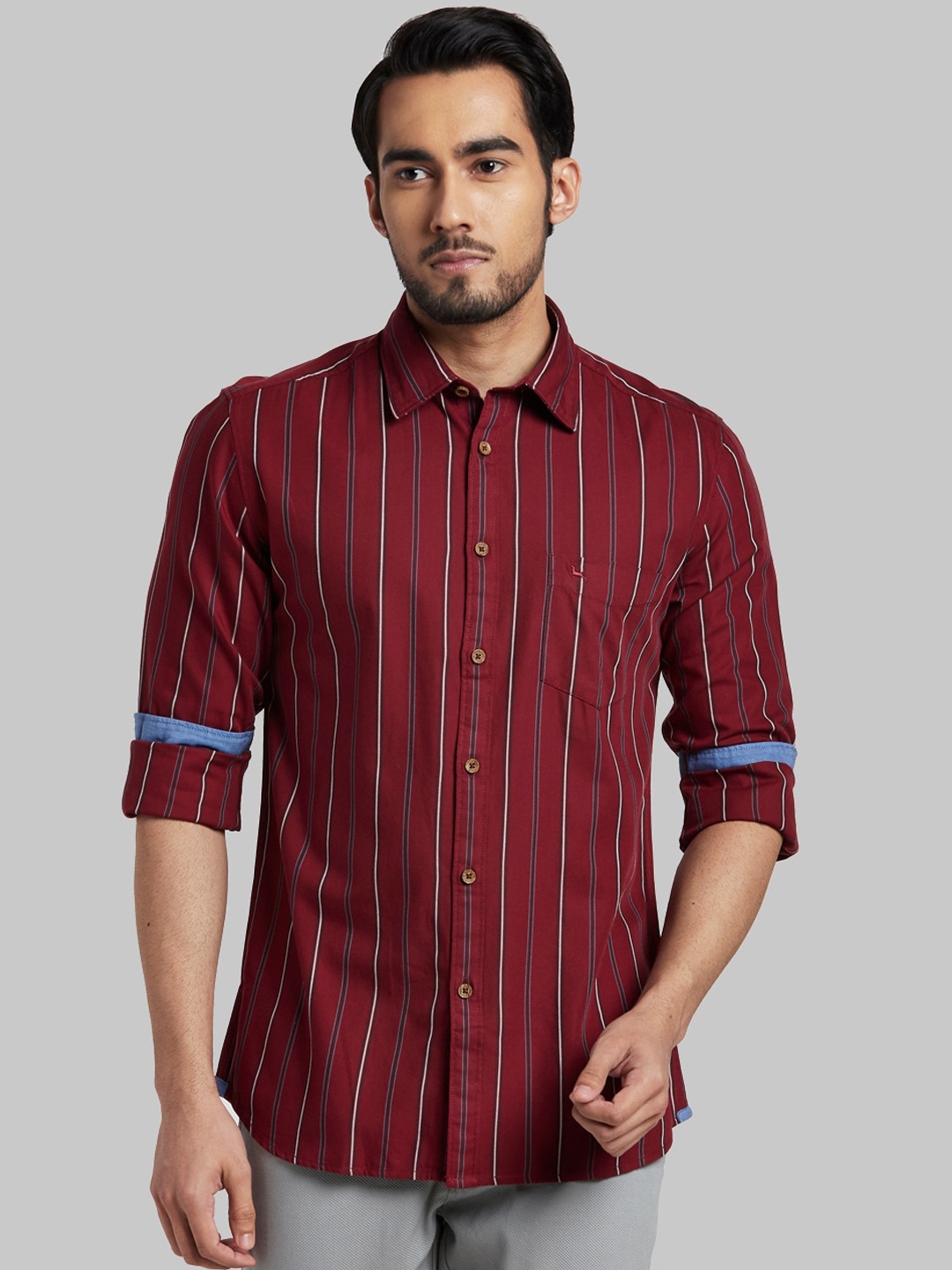 

Parx Men Red Slim Fit Opaque Striped Casual Shirt