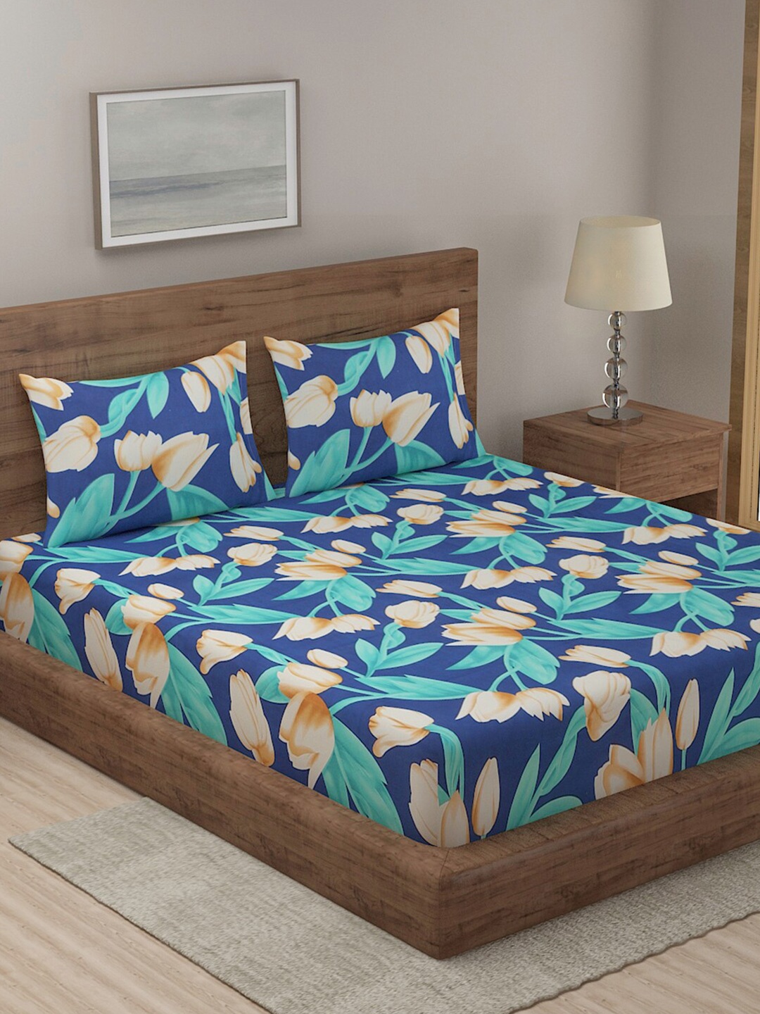 

TAG 7 Navy Blue Floral 144 TC Cotton King Bedsheet with 2 Pillow Covers