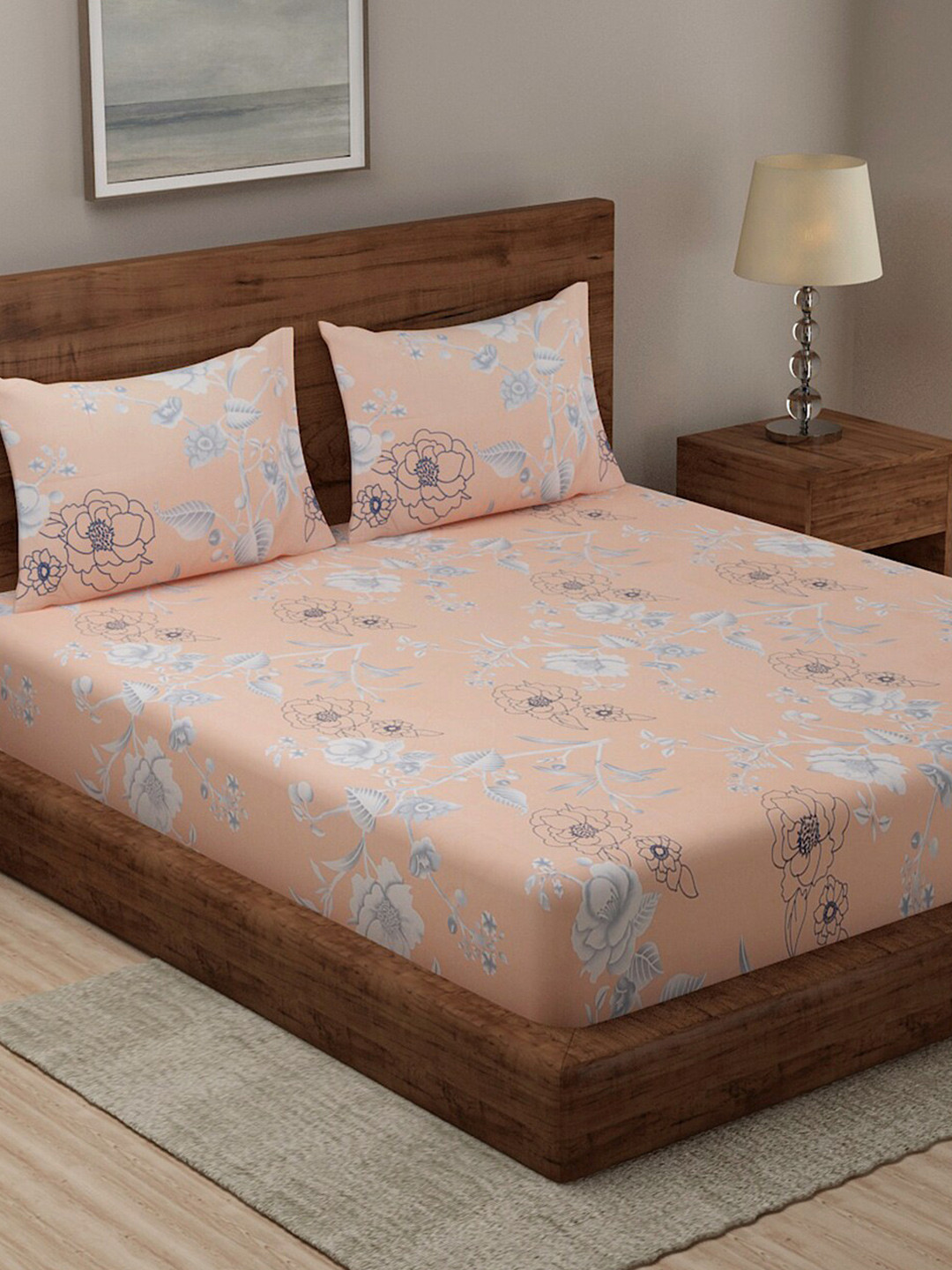

TAG 7 Peach-Coloured & White Floral 144 TC King Bedsheet with 2 Pillow Covers