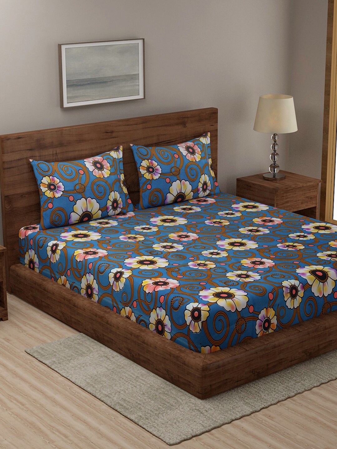 

TAG 7 Blue Floral 144 TC King Cotton Bedsheet with 2 Pillow Covers