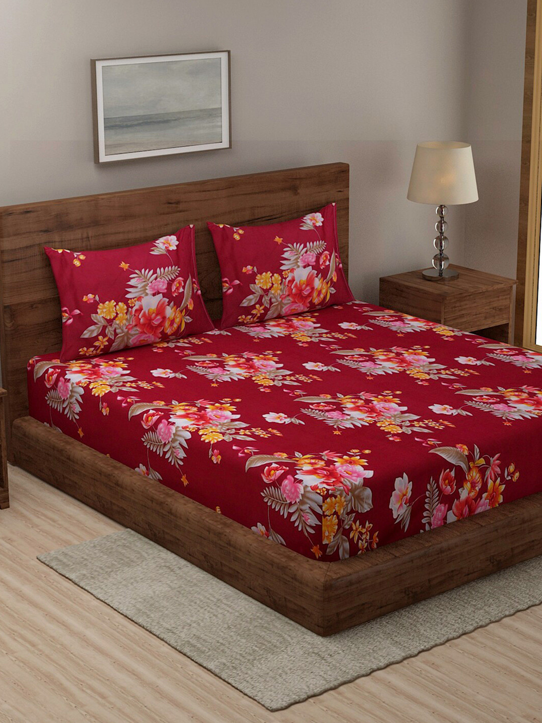

TAG 7 Maroon & Orange Floral Printed Cotton 144 TC King Bedsheet with 2 Pillow Covers