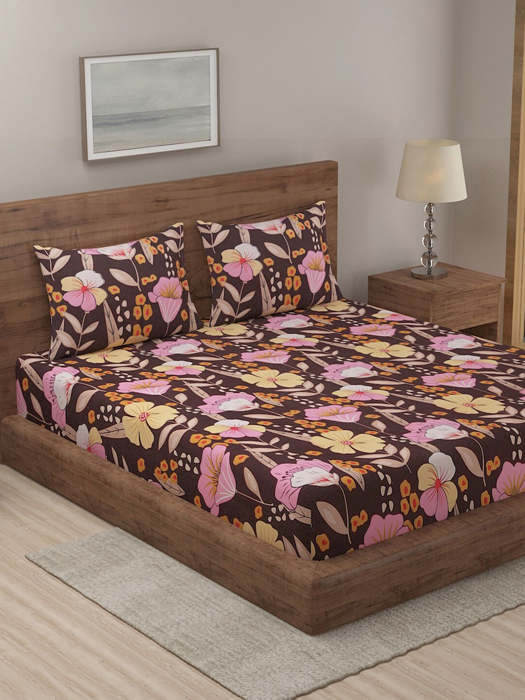 

TAG 7 Brown & Pink Floral 144 TC Cotton King Bedsheet with 2 Pillow Covers