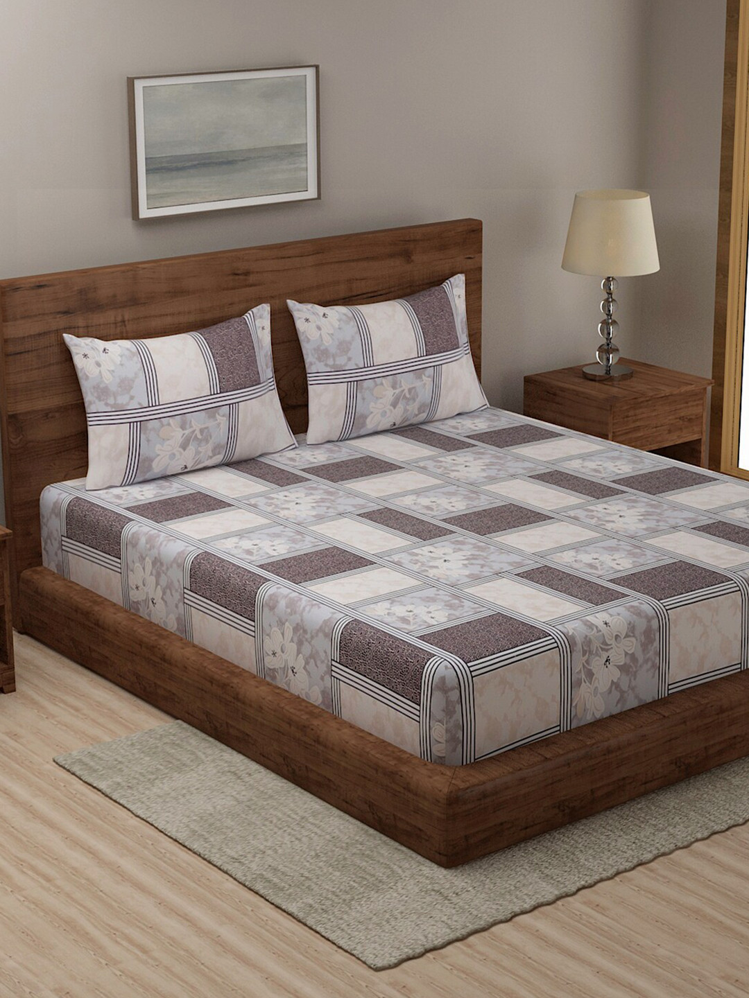 

TAG 7 White & Brown Geometric 144 TC Cotton King Bedsheet with 2 Pillow Covers