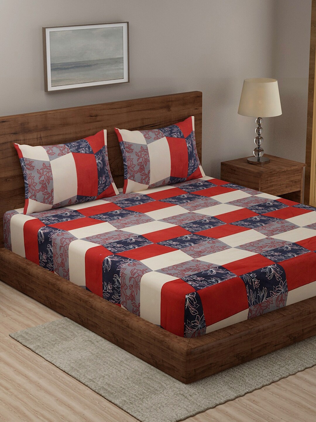 

TAG 7 Red Geometric 144 TC Cotton King Bedsheet with 2 Pillow Covers