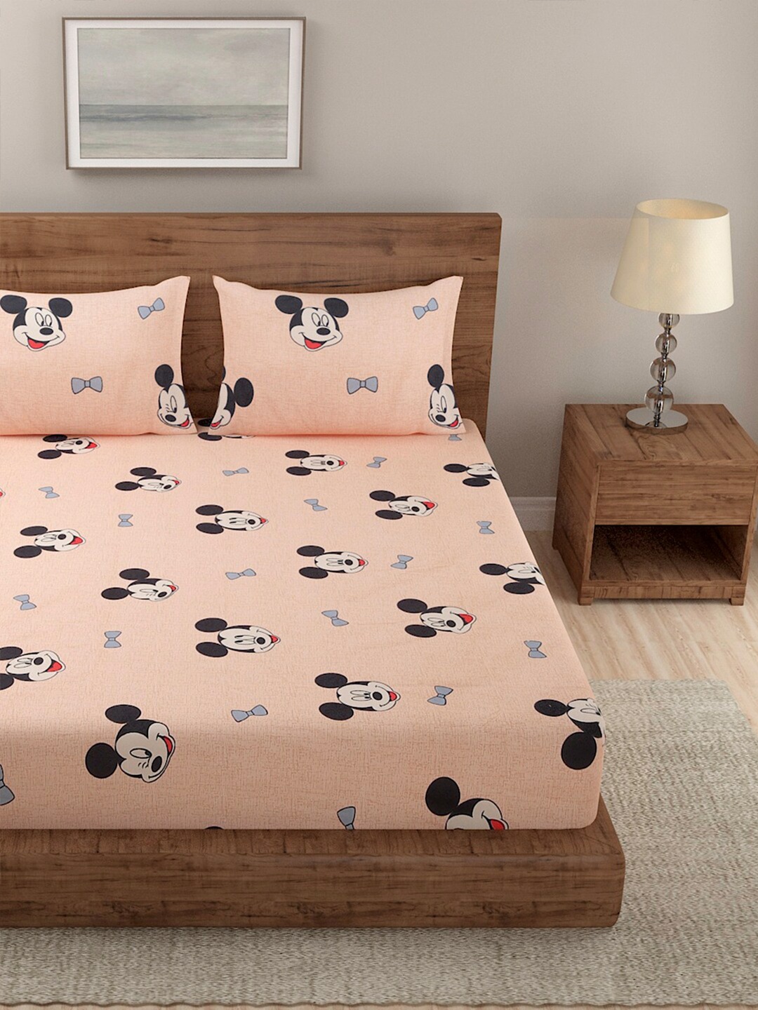 

TAG 7 Peach-Coloured & Black Cartoon Characters 144 TC King Bedsheet with 2 Pillow Covers