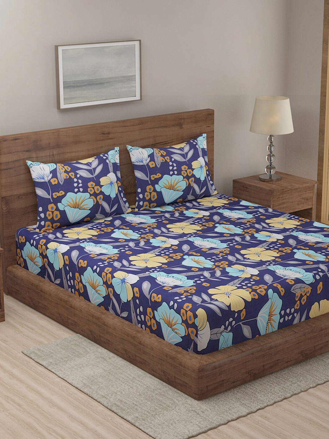 

TAG 7 Navy Blue & Yellow Floral 144 TC King Bedsheet with 2 Pillow Covers