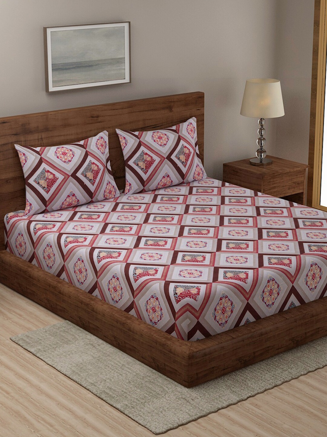 

TAG 7 White & Pink Ethnic Motifs 144 TC King Bedsheet with 2 Pillow Covers