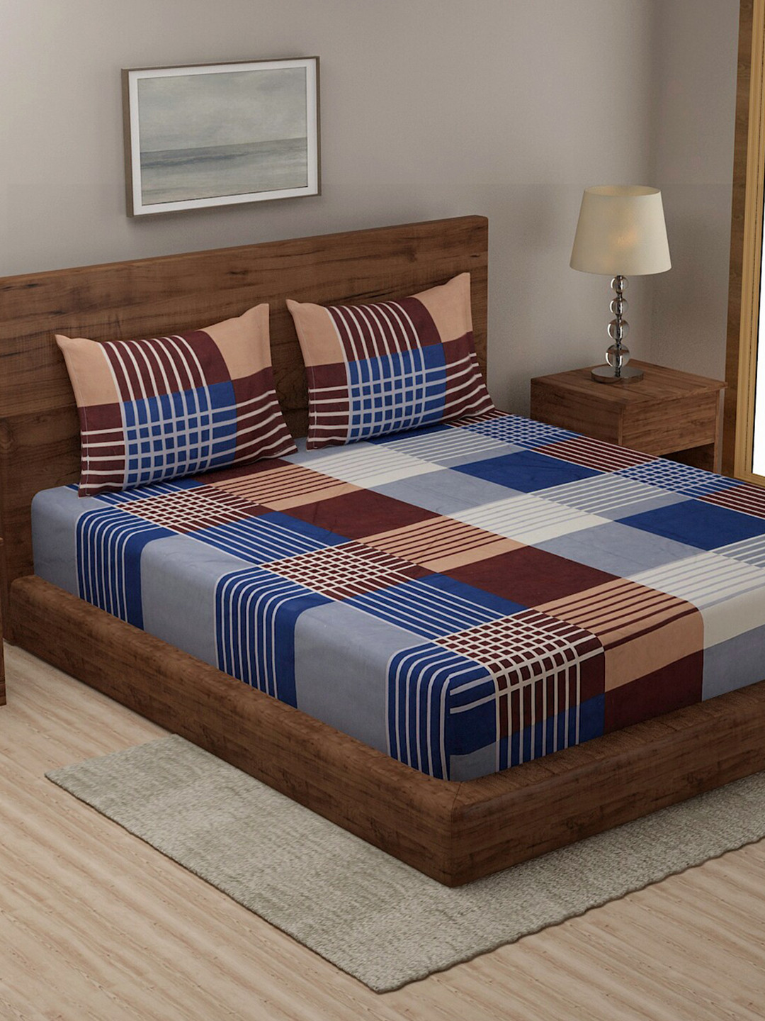 

TAG 7 Blue & Brown Geometric 144 TC King Bedsheet with 2 Pillow Covers