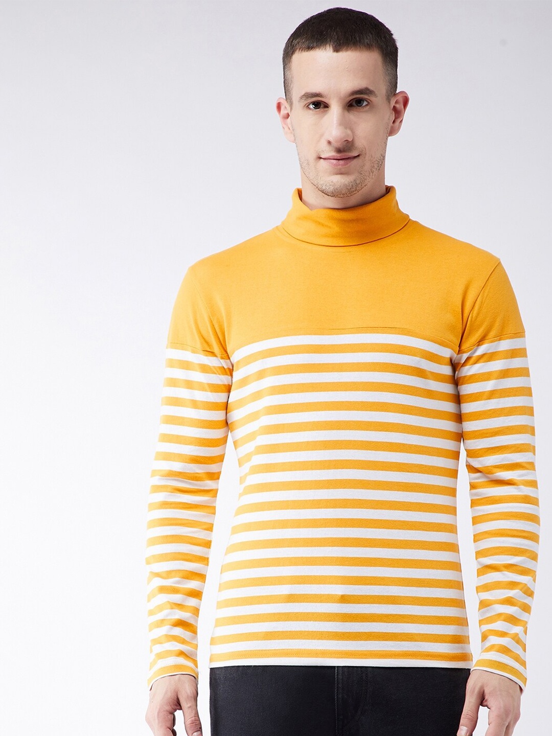 

GRITSTONES Men Yellow Striped High Neck Pockets Outdoor T-shirt
