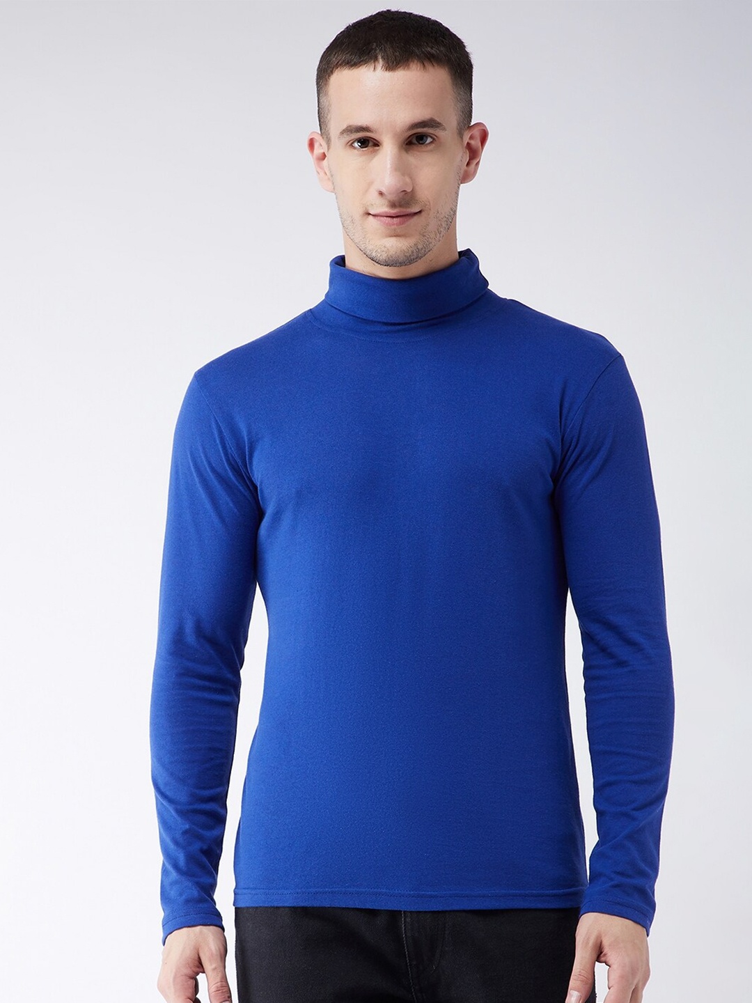 

GRITSTONES Men Blue Solid Turtle Neck Cotton T-shirt