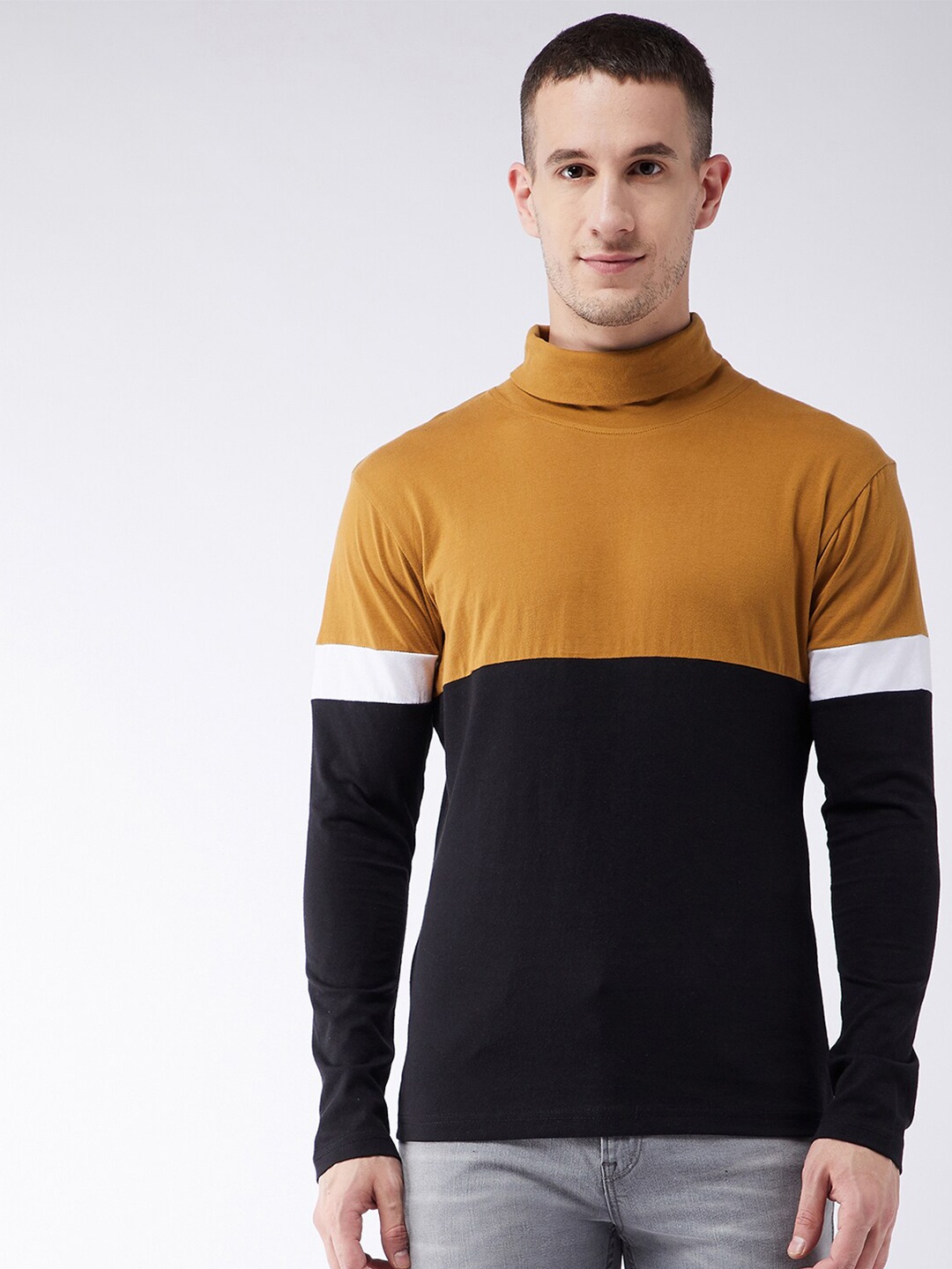 

GRITSTONES Men Mustard Yellow & Black Colourblocked High Neck T-shirt