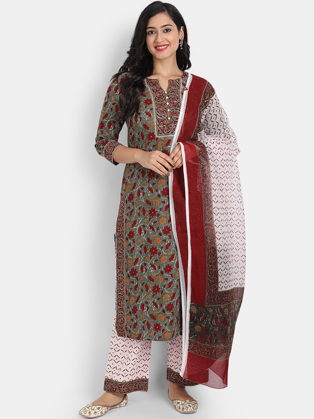 

SUTI Women Green Ethnic Motifs Printed Pure Cotton Kurta with Trousers & With Dupatta